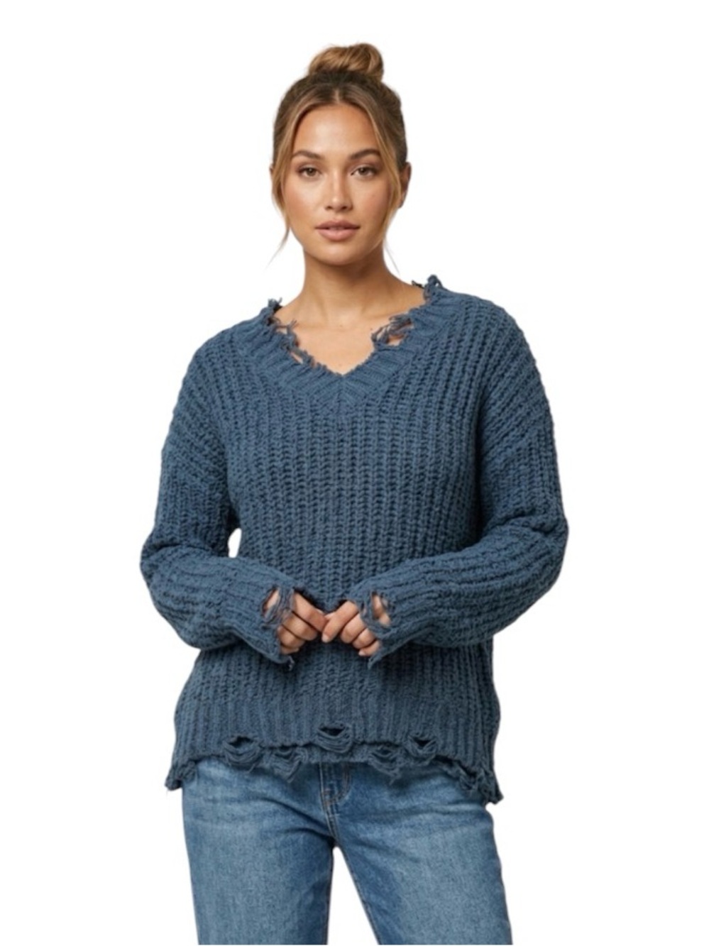 Dear John Distressed Blue V-Neck Sweater Sz S